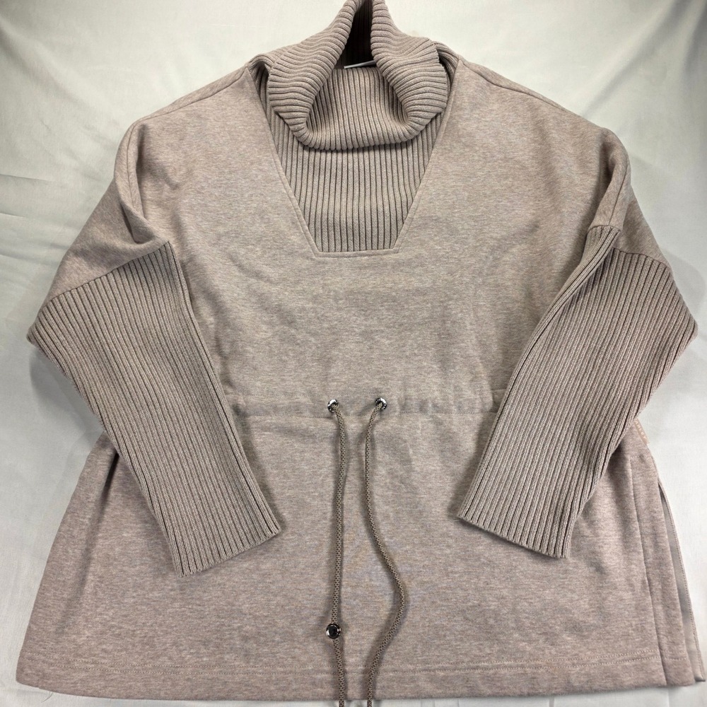 Varley Womens Oversized Ribbed Turtleneck Sweatshirt Taupe Drawstring Waist M